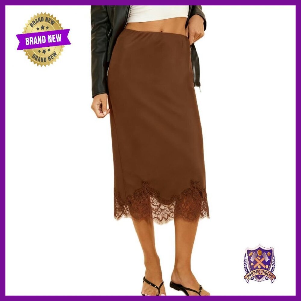 Satin Slip Skirt Lace Trim Elastic Waist Bodycon Midi Party Skirt